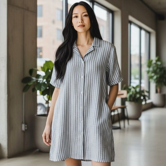 Everlane Linen Gray Pinstriped Short Sleeve Mini Shirt Dress Small - Picture 2 of 6